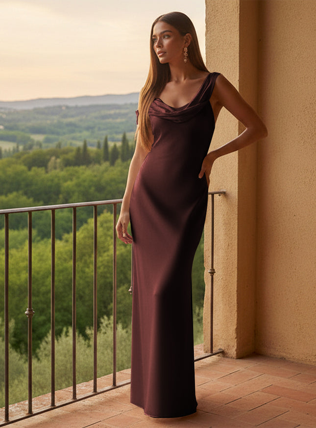 Satin V Neck Pleated Long Bridesmaid Dresses