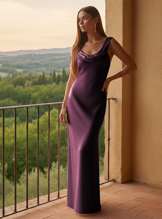 Satin V Neck Pleated Long Bridesmaid Dresses