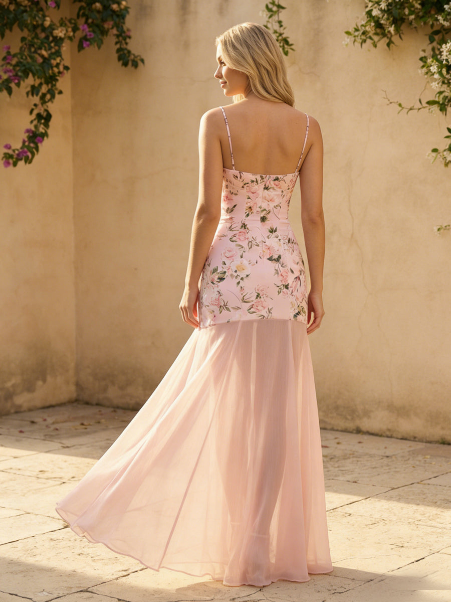 Sweetheart Spaghetti Straps Floral Print Wedding Guest Dresses