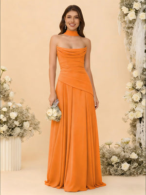 Chiffon Strapless Pleated A Line Bridesmaid Dresses with Scarf
