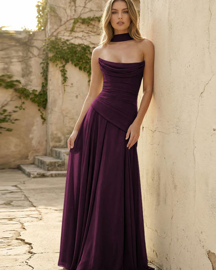 Chiffon Strapless Pleated A Line Bridesmaid Dresses with Scarf