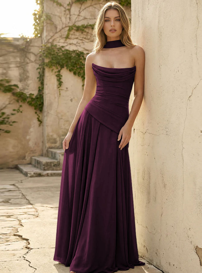 Chiffon Strapless Pleated A Line Bridesmaid Dresses with Scarf