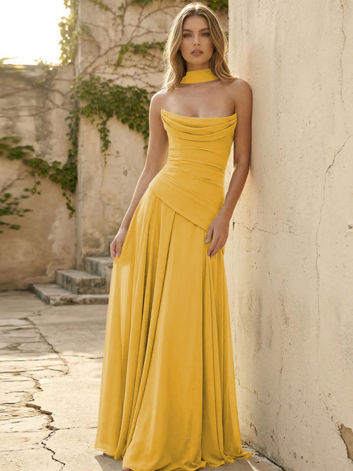 Chiffon Pleated A Line Strapless Formal Dresses with Scarf