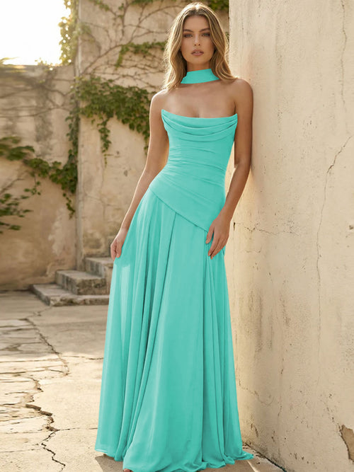 Chiffon Strapless Pleated A Line Bridesmaid Dresses with Scarf