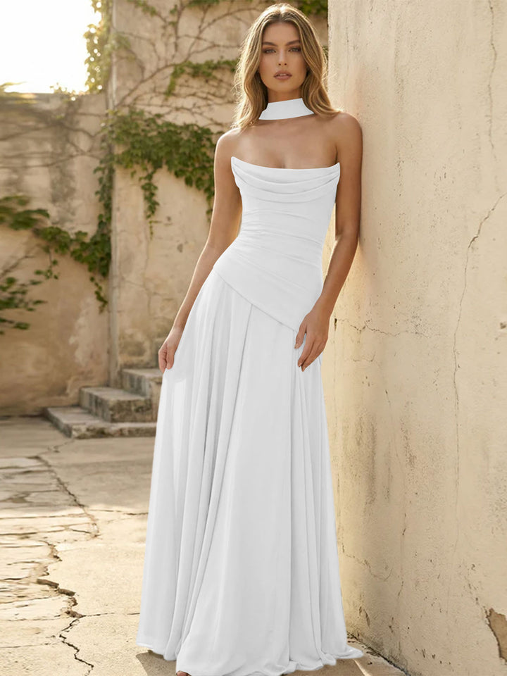 Chiffon Pleated A Line Strapless Formal Dresses with Scarf