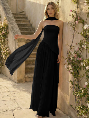 Chiffon Strapless Pleated High Slit A Line Bridesmaid Dresses with Scarf