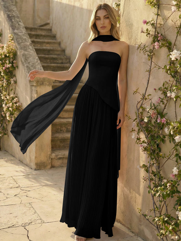 Chiffon Strapless Pleated High Slit A Line Bridesmaid Dresses with Scarf