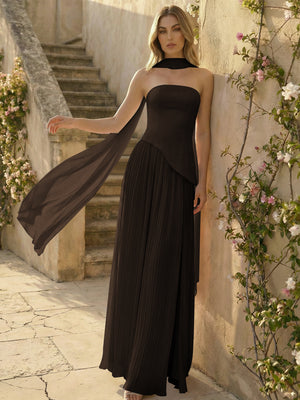 Chiffon Strapless Pleated High Slit A Line Bridesmaid Dresses with Scarf