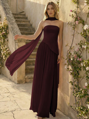 Chiffon Strapless Pleated High Slit A Line Bridesmaid Dresses with Scarf