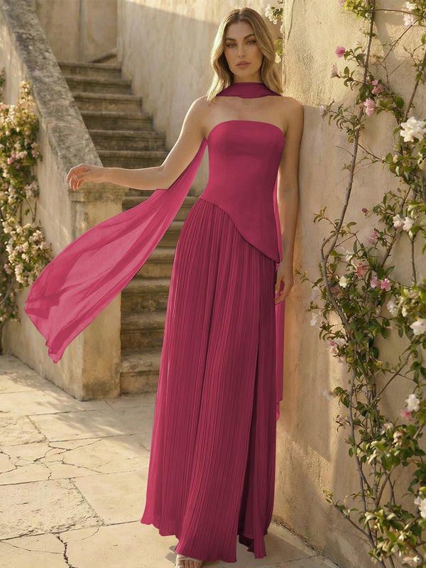 Chiffon Strapless Pleated High Slit A Line Bridesmaid Dresses with Scarf