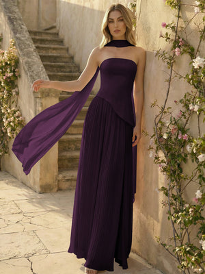 Chiffon Strapless Pleated High Slit A Line Bridesmaid Dresses with Scarf