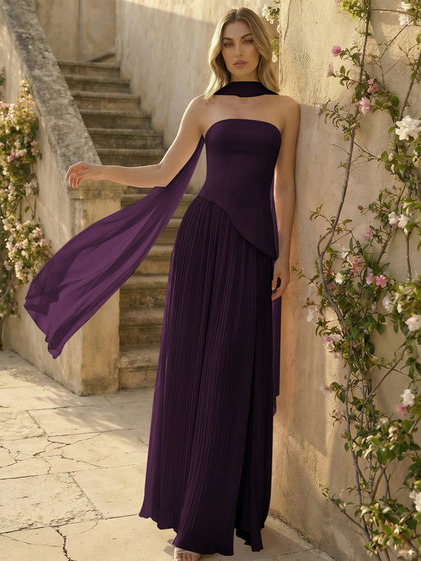 Chiffon Strapless Pleated High Slit A Line Bridesmaid Dresses with Scarf