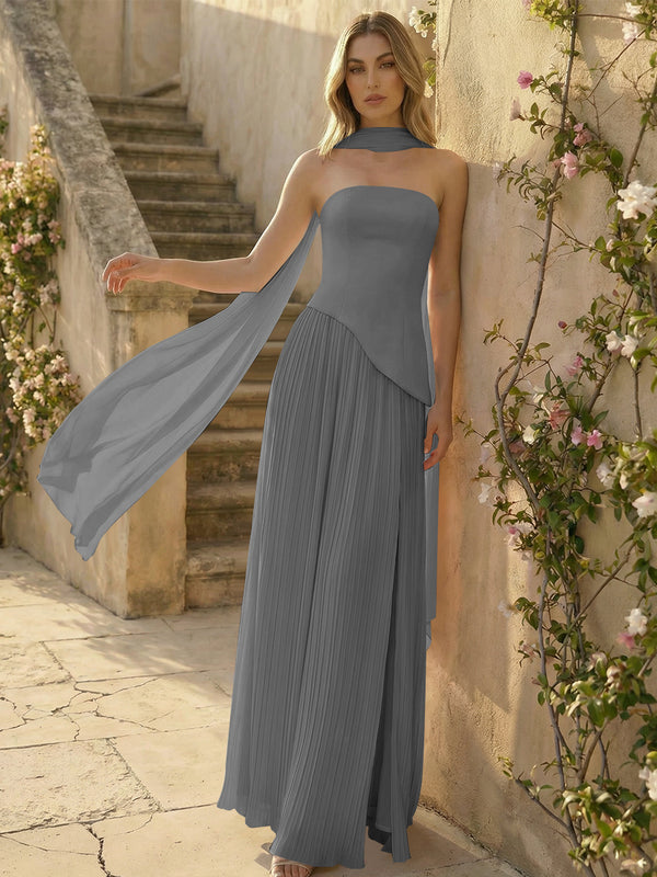 Chiffon Strapless Pleated High Slit A Line Bridesmaid Dresses with Scarf