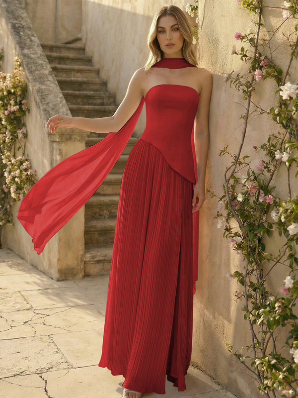 Chiffon Strapless Pleated High Slit A Line Bridesmaid Dresses with Scarf