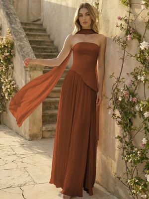 Chiffon Strapless Pleated High Slit A Line Bridesmaid Dresses with Scarf