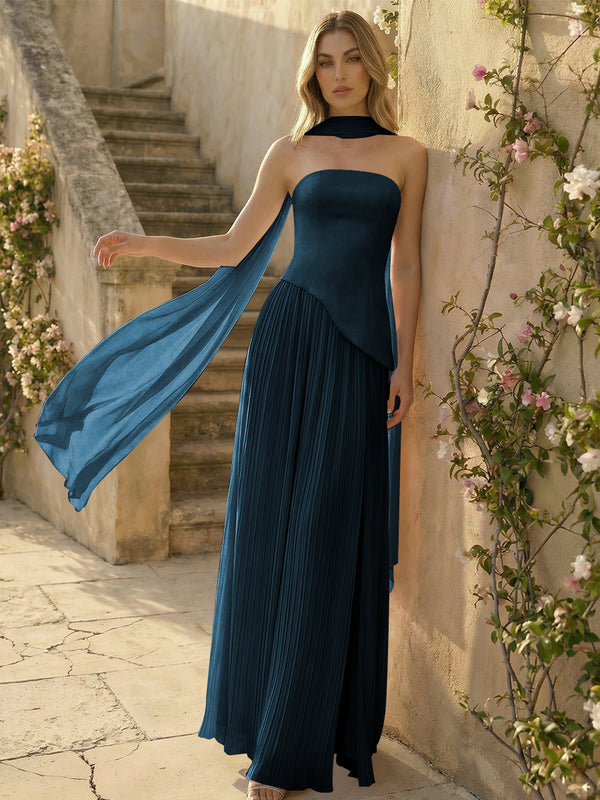 Chiffon Strapless Pleated High Slit A Line Bridesmaid Dresses with Scarf