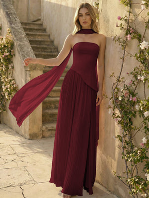 Chiffon Strapless Pleated High Slit A Line Bridesmaid Dresses with Scarf