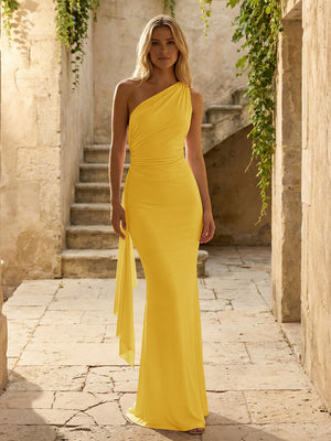 Chiffon One Shoulder Pleated Mermaid Formal Dresses