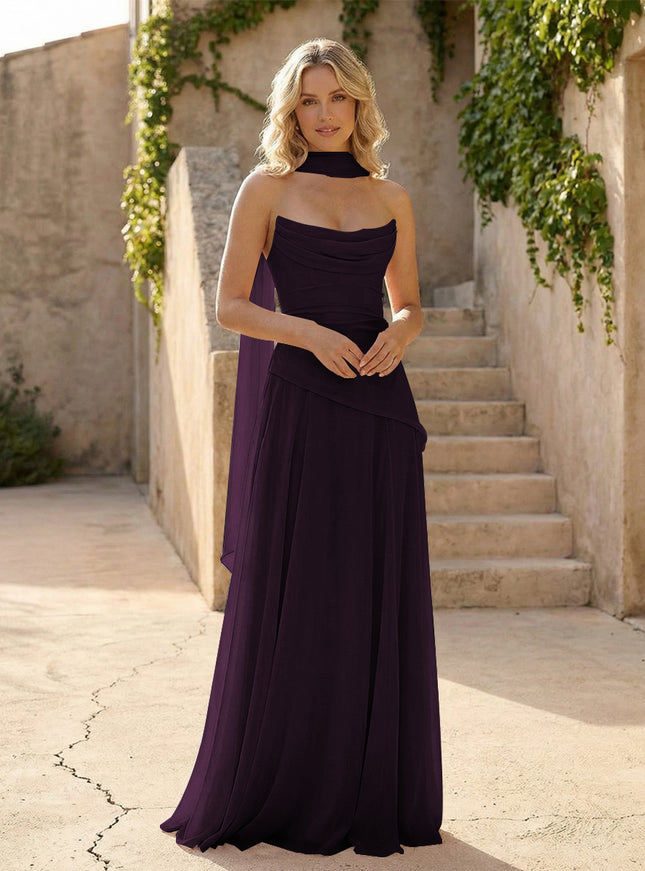 Strapless Chiffon Pleated Mermaid Bridesmaid Dresses with Scarf