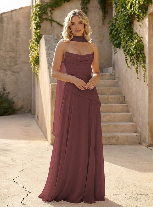 Strapless Chiffon Pleated Mermaid Bridesmaid Dresses with Scarf