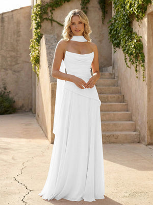 Strapless Chiffon Pleated Mermaid Formal Dresses with Scarf