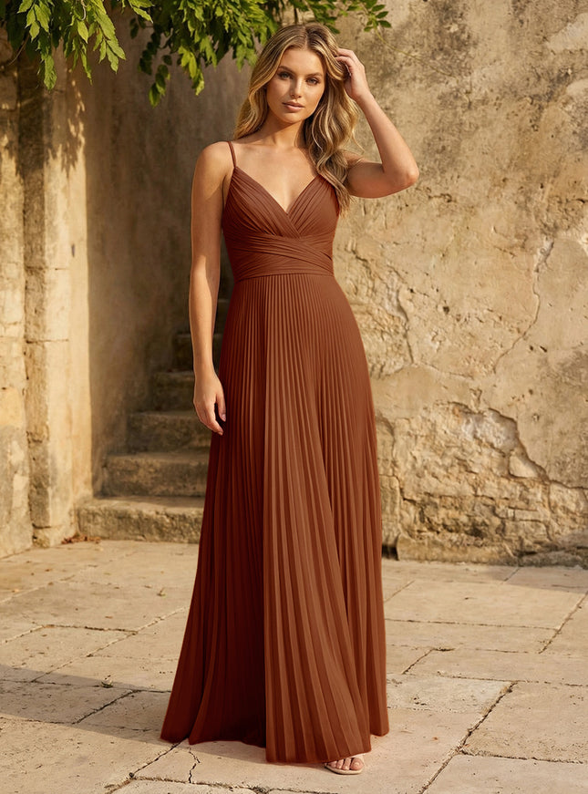 Chiffon V Neck Corset Spaghetti Straps Pleated Bridesmaid Dresses
