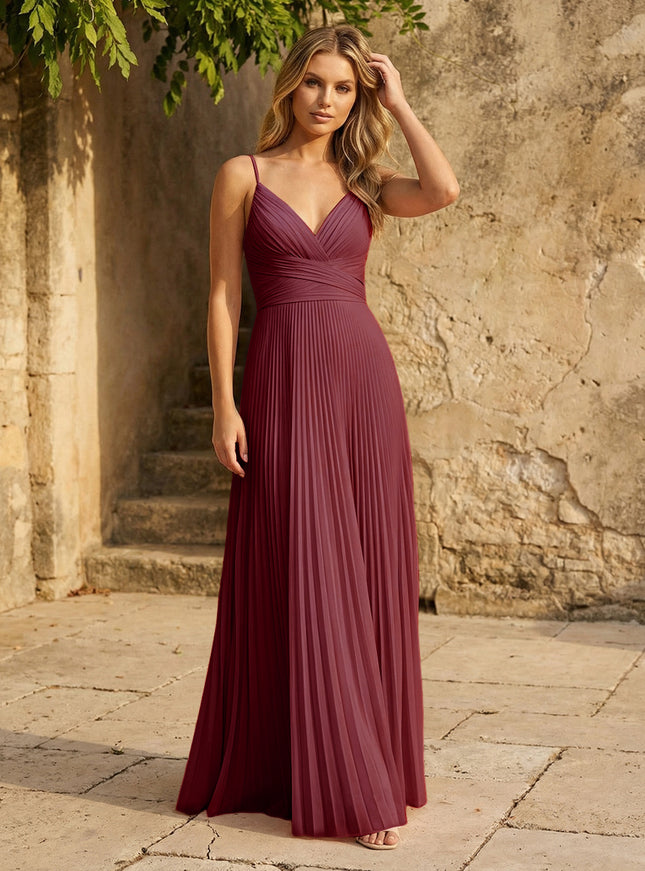 Chiffon V Neck Corset Spaghetti Straps Pleated Bridesmaid Dresses