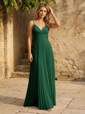 Chiffon V Neck Corset Spaghetti Straps Pleated Bridesmaid Dresses