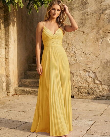 Chiffon V Neck Corset Spaghetti Straps Pleated Bridesmaid Dresses