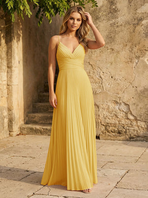 Chiffon V Neck Corset Spaghetti Straps Pleated Bridesmaid Dresses