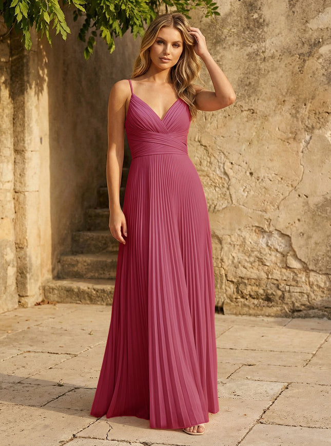 Chiffon V Neck Corset Spaghetti Straps Pleated Bridesmaid Dresses
