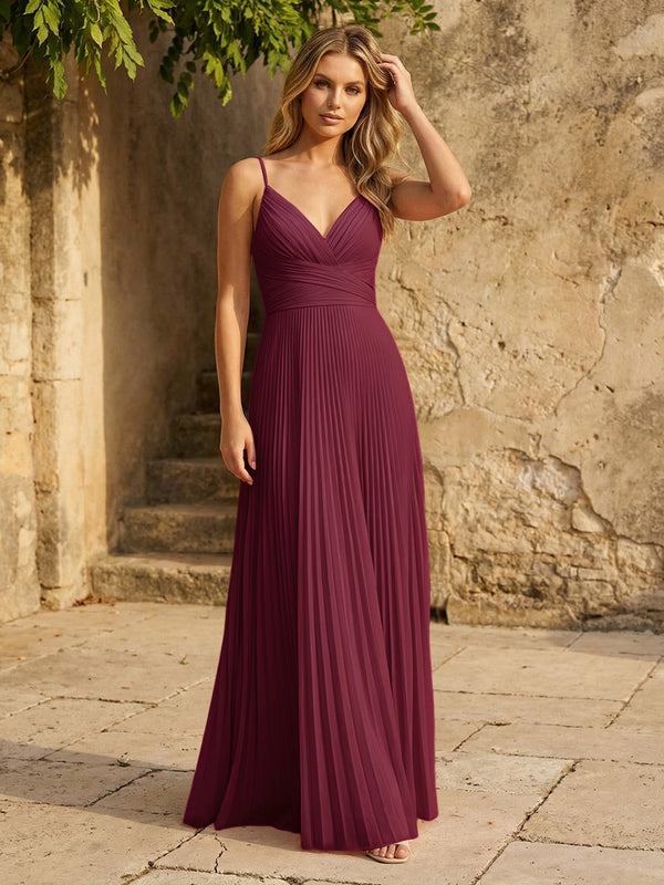 Chiffon V Neck Corset Spaghetti Straps Pleated Bridesmaid Dresses