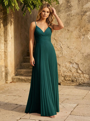 Chiffon V Neck Corset Spaghetti Straps Pleated Bridesmaid Dresses