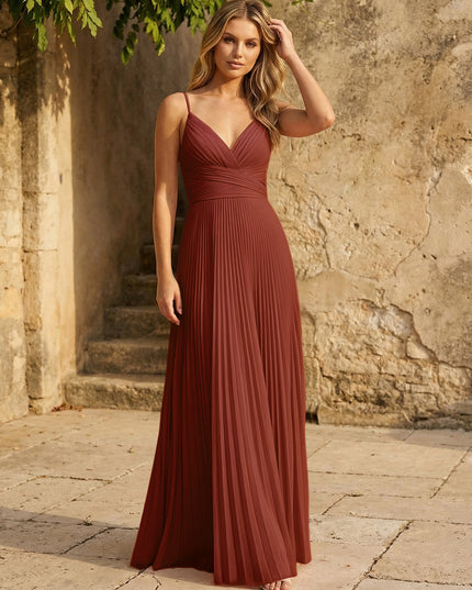 Chiffon V Neck Corset Spaghetti Straps Pleated Bridesmaid Dresses