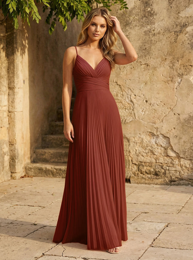 Chiffon V Neck Corset Spaghetti Straps Pleated Bridesmaid Dresses