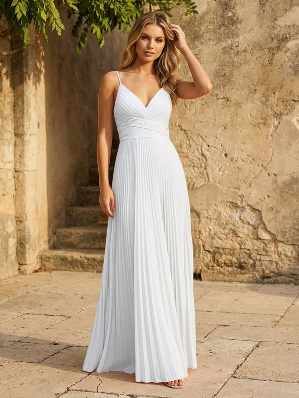 Chiffon V Neck Corset Spaghetti Straps Pleated Bridesmaid Dresses