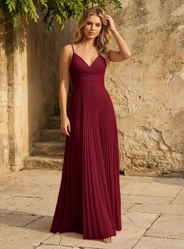 Chiffon V Neck Corset Spaghetti Straps Pleated Bridesmaid Dresses