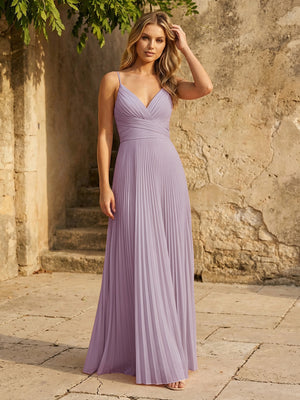 Chiffon V Neck Corset Spaghetti Straps Pleated Bridesmaid Dresses