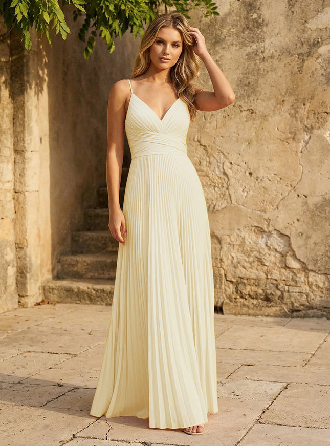 Chiffon V Neck Corset Spaghetti Straps Pleated Bridesmaid Dresses