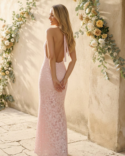 Sequin Halter Mermaid Maxi Wedding Guest Dresses with Backless