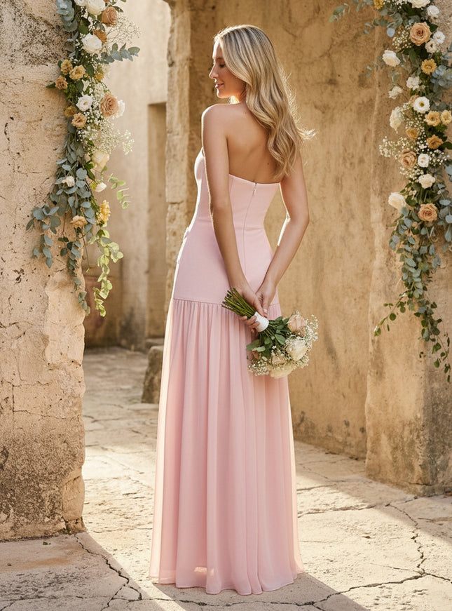 Chiffon Lace Applique Strapless A Line Maxi Bridesmaid Dresses with Slit