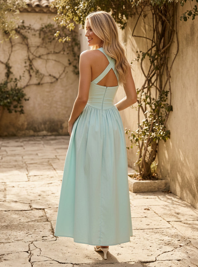 Chiffon Halter A Line Maxi Bridesmaid Dresses with Slit