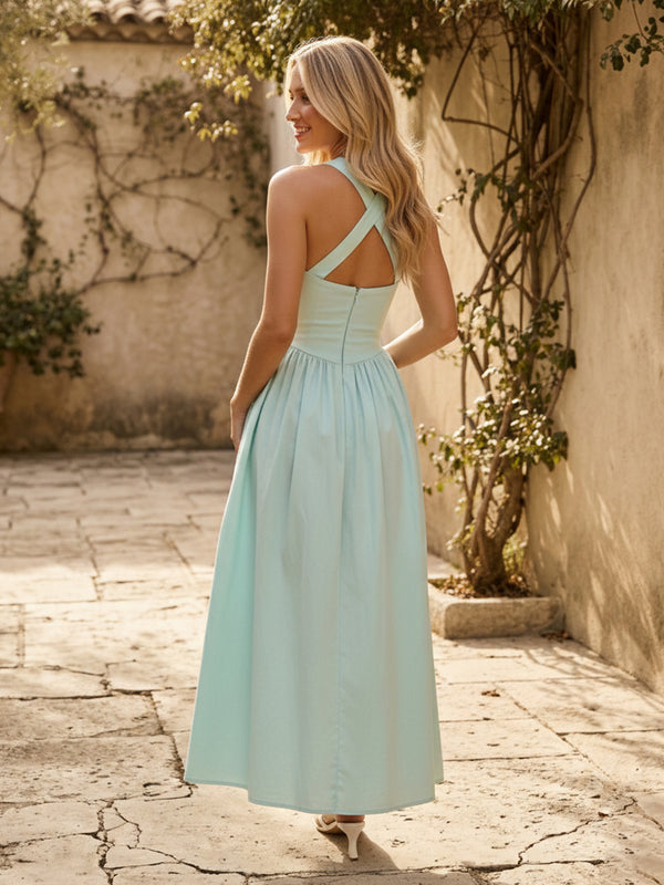 Chiffon Halter A Line Maxi Bridesmaid Dresses with Slit