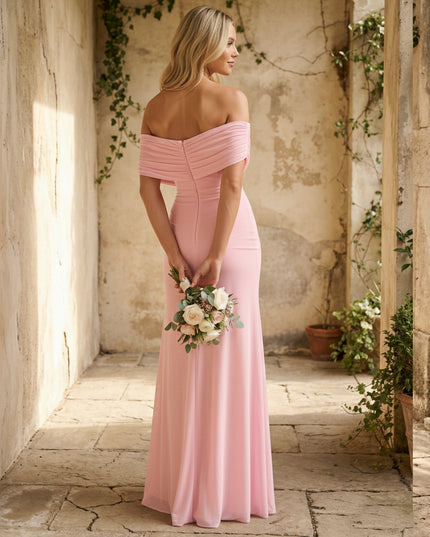 Chiffon Off Shoulder Pleated A Line Maxi Bridesmaid Dresses with Slit
