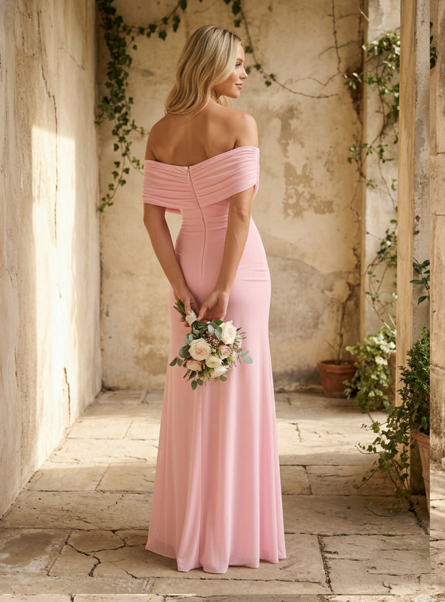 Chiffon Off Shoulder Pleated A Line Maxi Bridesmaid Dresses with Slit