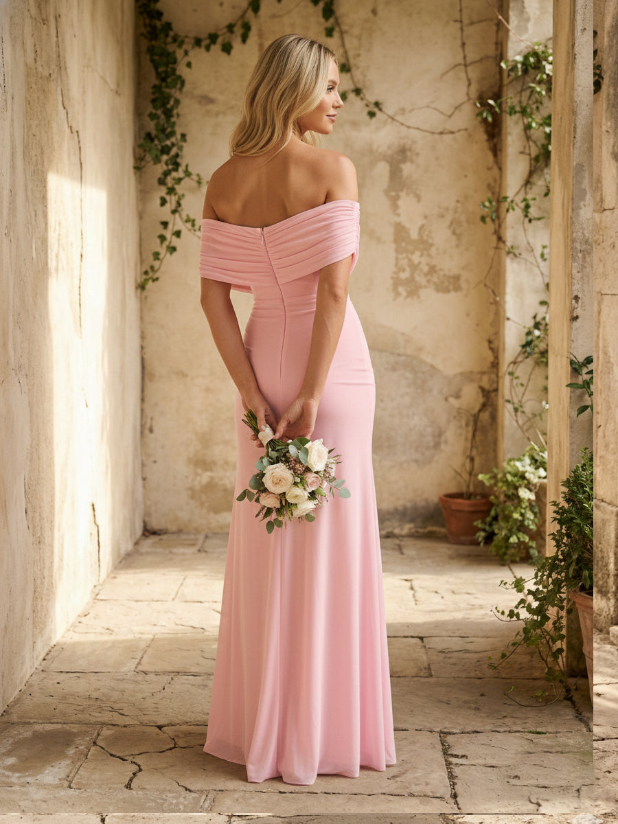 Chiffon Off Shoulder Pleated A Line Maxi Bridesmaid Dresses with Slit