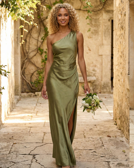 Satin One Shoulder Pleated Mermaid Maxi Bridesmaid Dresses with Slit
