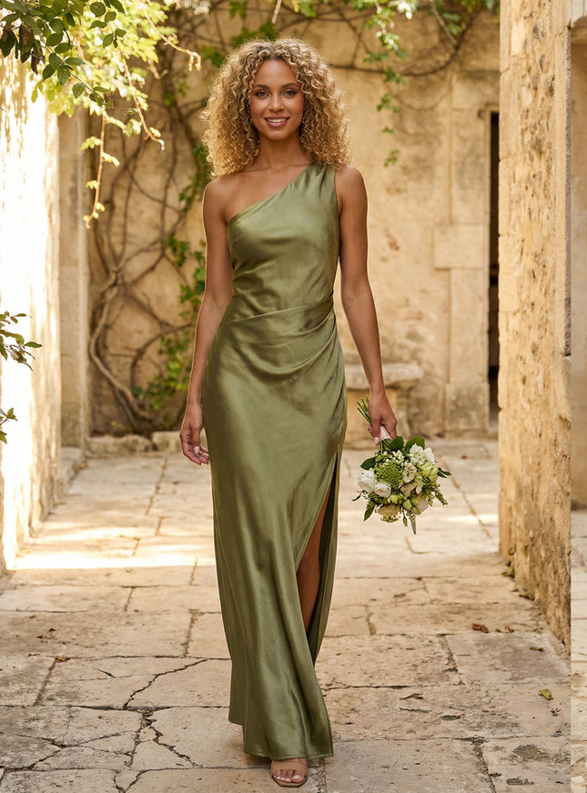 Satin One Shoulder Pleated Mermaid Maxi Bridesmaid Dresses with Slit