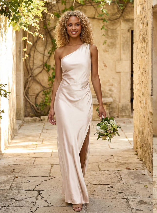 Satin One Shoulder Pleated Mermaid Maxi Bridesmaid Dresses with Slit