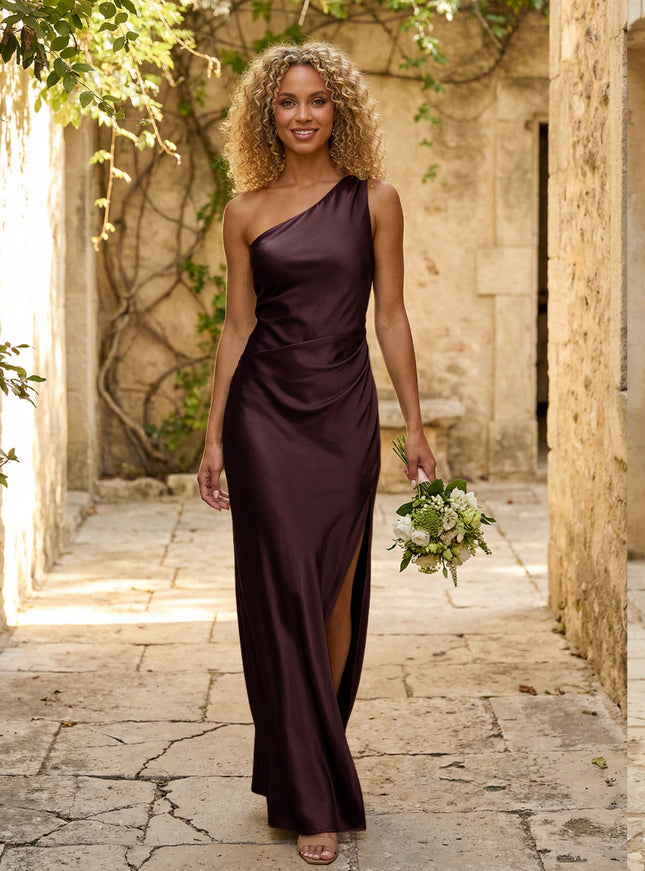 Satin One Shoulder Pleated Mermaid Maxi Bridesmaid Dresses with Slit